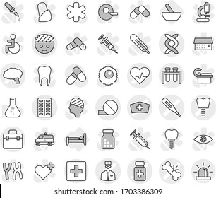 Editable thin line isolated vector icon set - doctor bag vector, heart pulse, bandaged head, medical thermometer, dna, broken bone, pill, pills bottle, blister, test vial, hat, tooth implant, brain