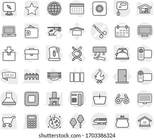 Editable thin line isolated vector icon set - surgical clamp vector, bridge, train, disco ball, ring button, door, helicopter, dna, kettle, mixer, trees, fire, plates, clean window, hand dryer, case