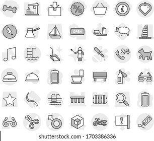 Editable thin line isolated vector icon set - basket, percent, bone, info, male sign vector, scissors, bridge, skyscraper, fence, phone 24, motorcycle, pool, dog, heart pendant, service bell, 3d