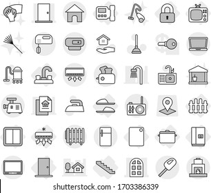 Editable thin line isolated vector icon set - door, arch window, water tap, power switch, locked, intercome, tv, fridge, air conditioning, fence, cutting board, pan, slippers, stairs, plunger vector