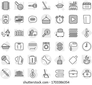 Conjunto de iconos vectoriales aislados de línea delgada editable - vector óseo, jeringa, fábrica, reloj, grúa de carga, cargador de horquilla, tumbona, altavoz, lavado, cuchara, tostadora, chip, hervidor, fuego, termómetro, jabón, rastrillo