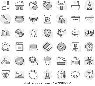 Editable thin line isolated vector icon set - bath vector, toilet brush, sink, garbage pile, colander, scales, towel, mushroom, notebook pc, abacus, auction, target, fitball, sports nutrition, rca