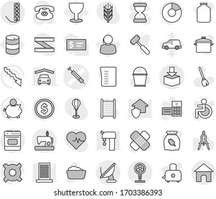 Editable thin line isolated vector icon set - syringe vector, package, broom, bucket, foam basin, washboard, pan, measuring cup, meat hammer, toaster, jar, cereal, drawing compass, dollar coin, car