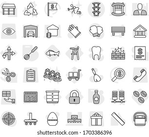 Editable thin line isolated vector icon set - block wall, traffic light, locked, chest of drawers, Chair for babies, server vector, recycle, whisk, ketchup, coffee seeds, fish, broom, vacuum cleaner