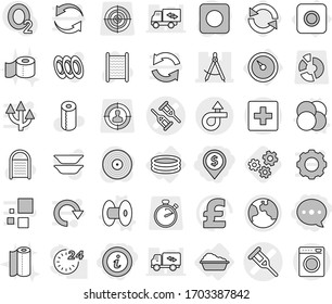 Editable thin line isolated vector icon set - dollar pin, balloon, info, crutch vector, draw compass, trip, earth, first aid, barometer, ring button, washing, inflatable pool, atom core, coil, gears