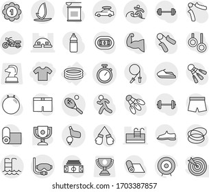 Editable thin line isolated vector icon set - t shirt, dome house, stopwatch, car baggage, motorcycle, pool, diving mask, surfer, tennis, golf, jet ski, windsurfing, inflatable, award cup vector