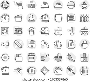 Editable thin line isolated vector icon set - hot drink, medical thermometer vector, flammable, sun, air conditioning, coffee maker, kettle, cup, fireplace, bbq, ladle, turk, toaster, pepper, iron