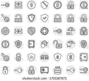 Editable thin line isolated vector icon set - lock, unlock, money, insurance, lounger, key, safe, shield, life vest, lifebuoy, locked, unlocked, plate washing, vector, dollar coin, protected, arrow