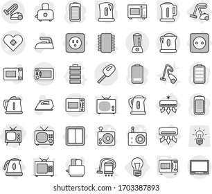 Editable thin line isolated vector icon set - tv, pacemaker vector, bulb, air conditioning, power socket, switch, kettle, vacuum cleaner, chip, battery, microwave oven, iron, toaster, radio, blender