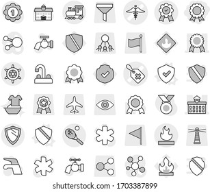 Editable thin line isolated vector icon set - medal, medical label vector, ambulance sign, university, flammable, train, tennis, shield, handwheel, water tap, handle washing, protected, lighthouse