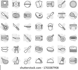 Editable thin line isolated vector icon set - chicken leg, cafe, table, Chair for babies, pan, skimmer, knife holder, chef, microwave oven, cooking book, plates, fork spoon plate, steake, wine, dish