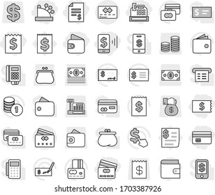 Editable thin line isolated vector icon set - credit card, receipt, account balance, mobile pay, wallet, cashbox, vector, coin stack, check, dollar cursor, purse, money, gift, reader, tap