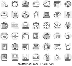 Editable thin line isolated vector icon set - bow, purse, tv, windmill, phone, anchor, photo, service bell, wardrobe, dresser, stool, fireplace, plug vector, mobile, hand mill, cooking book, wheel