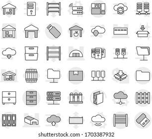 Editable thin line isolated vector icon set - archive vector, bunker, warehouse, hangare, package box, consolidated cargo, documents, rack, pallet, server, cloud, service, barrel, grain elevator