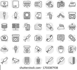 Editable thin line isolated vector icon set - mobile pay, location, air conditioning, intercome, remote control vector, web camera, robot hand, kitchen scales, handle, blender, soil cutter, iron