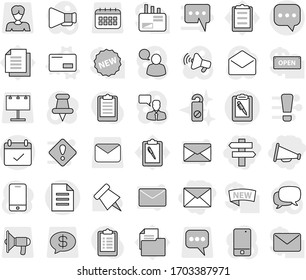 Editable thin line isolated vector icon set - loudspeaker, singlepost, mail, sms, terms, clipboard pen, document, envelope vector, do not distrub, paper pin, billboard, woman, calendar, message, new