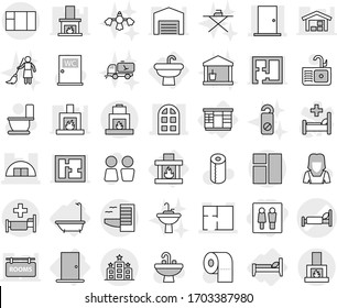 Editable Thin Line Isolated Vector Icon Set - Wc, Hospital Bed Vector, Hangare, Door, Arch Window, Plan, Hotel, Sink, Bath, Wardrobe, Fireplace, Toilet, Paper, Water Closet, Cleaner Woman, Tap, Barn