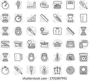 Editable thin line isolated vector icon set - market scales, weight, medical thermometer vector, sand clock, ruler, warehouse, heavy, barometer, handle, measuring cup, corner, stopwatch, big, alarm