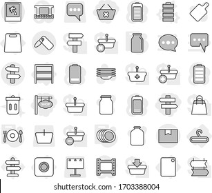 Editable thin line isolated vector icon set - delete cart, shop signboard, singlepost, package box, label, photo, signpost, ring button, hanger, rack, cutting board, battery vector, plates, bank