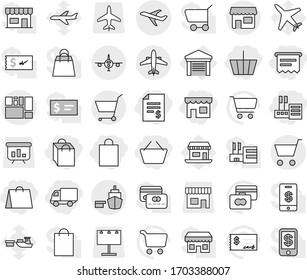 Editable thin line isolated vector icon set - basket, account balance, shop, store, shopping bag, delivery, atm receipt, plane, port, consolidated cargo, cart, airplane, garage, vector, credit card