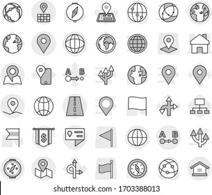 Editable thin line isolated vector icon set - home, road, geo pin, location details, globe, map, route a to b, compass, hierarchy, vector, world, flag, dollar, navigator, earth, traking, pointer