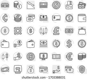 Editable thin line isolated vector icon set - dollar coin, money, atm, exchange vector, japanese candle, credit card, wallet, cash, investment, stack, check, shield, monitor, any currency, euro sign