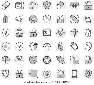 Editable thin line isolated vector icon set - lock, unlock, biohazard vector, protected, security man, insurance, inspector, uv cream, shield, lifebuoy, locked, unlocked, intercome, cook glove, bug