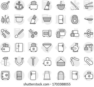 Editable thin line isolated vector icon set - scales weight, funnel, nail, loading, crane, anchor, safe, fridge, toaster, stands for knives, magnetic field vector, ladle, pipes, metal rolling, pan