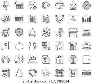 Editable thin line isolated vector icon set - sale, equalizer, column, bridge, building, door, fountain, flower bed, disco ball, restaurant, heart pendant, service bell, rocking chair, floor lamp