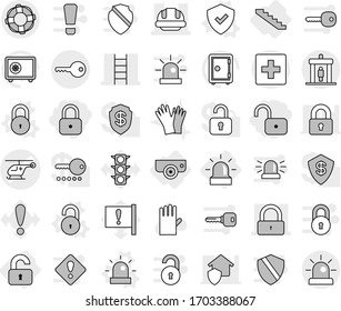 Editable thin line isolated vector icon set - lock, unlock, ambulance helicopter vector, stairs, building helmet, detector, first aid, key, lifebuoy, unlocked, alarm, surveillance camera, shield