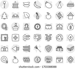 Editable thin line isolated vector icon set - left arrow, crutch vector, monitor pulse, sperm, leafs, hospital recieption, barn, dome house, greenhouse, stadium, location details, protected, lemon