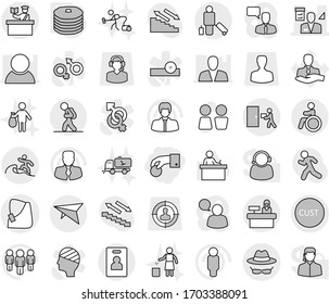 Editable thin line isolated vector icon set - hand coin, broken vector, architector, customs, courier delivery, confidential, deltaplane, tourist, passenger, inspector, surfer, invalid, reception