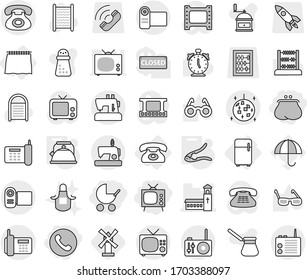 Editable thin line isolated vector icon set - purse, phone, tv, baby stroller, church, disco ball, curtain, fridge, kettle, walnut crack, windmill, washboard vector, apron, hand mill, turk coffee