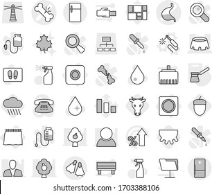 Editable thin line isolated vector icon set - broken bone vector, stomach, stadium, flippers, curtain, ring button, welding, turk, rain cloud, cow, udder, acorn, water drop, welcome mat, sprayer
