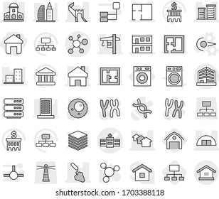 Editable thin line isolated vector icon set - home, hospital vector, virus, greate wall, mansion, houses, hangare, modular house, district, construction, tower crane, plan, office, washing machine