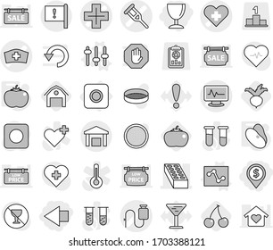 Editable thin line isolated vector icon set - dollar pin, left arrow, wineglass, heart cross vector, crutch, monitor pulse, dropper, medical hat, brick, important flag, warehouse, ring button, setup