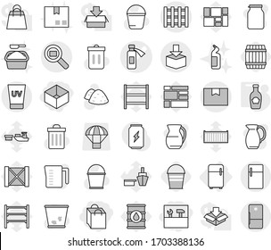 Editable thin line isolated vector icon set - shopping bag, box, tools, potion bottle vector, package, cargo search, pallet, uv cream, fridge, ketchup, barrel, bucket, trash bin, garbage pile, jug