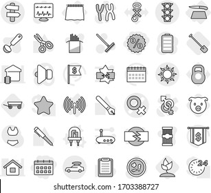 Editable thin line isolated vector icon set - percent, calendar, female sign vector, traffic light, car baggage, sun, signpost, curtain, wireless, cutting board, led, shovel, pig, trailer, sprouting