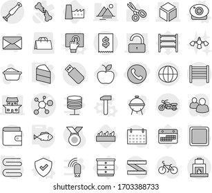 Editable thin line isolated vector icon set - phone, virus vector, 3d, japanese house, unlock, tax, rack, globe, motorcycle, chest of drawers, touchscreen, web camera, shield, hammer, towel, fish