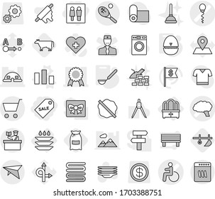 Editable thin line isolated vector icon set - wc, sale label, disability vector, sperm, brain, dome house, medal, cart, deltaplane, inspector, tennis, dresser, plate washing, chart, egg timer, ladle