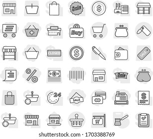 Editable thin line isolated vector icon set - basket, purse, add to, shopping list, sale, percent, bar code, cashbox, delivery, label, cart, turk, pen vector, dollar coin, credit card, office, shop