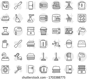 Editable thin line isolated vector icon set - iron, washing machine, fridge, broom, mixer, kettle, hob, coffee maker, plunger vector, vacuum cleaner, mop, sponge, car fetlock, rubber glove, bucket