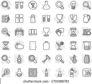 Editable thin line isolated vector icon set - magnifier, wineglass, sand clock vector, test vial, potion bottle, acid, broken, cocktail, bulb, window, measuring cup, coffee maker, bank, ketchup, jug