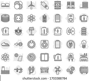 Editable thin line isolated vector icon set - factory, gas station, jet ski, barometer, remote control, power socket, switch, speaker, floor lamp, atom vector, core, electron, electric magnet, bulb