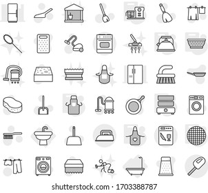 Editable thin line isolated vector icon set - sink, bath, kettle, colander, apron, double boiler, food processor, sieve, broom vector, vacuum cleaner, fetlock, scoop, sponge, drying clothes, washer