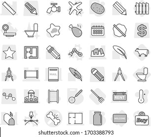 Editable thin line isolated vector icon set - broken bone vector, project, mansion, fence, ruler, plan, toilet, welcome mat, plane, drawing pen, robot hand, skimmer, bank, potato, cow, fork, splotch