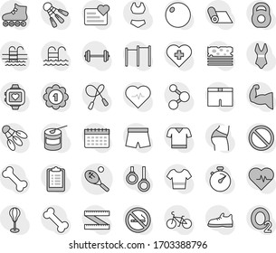 Editable thin line isolated vector icon set - tennis, barbell vector, measuring, heart pulse, stopwatch, clipboard, bike, weight, jump rope, horizontal bar, punching bag, fitball, muscule hand, pool