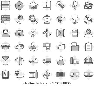Editable thin line isolated vector icon set - railroad shipping, route vector, signpost, map pin, attention, office, satellite, money, phone, support, client, ship, sea container, delivery, car