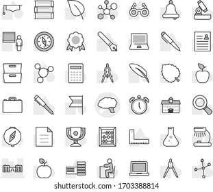 Editable thin line isolated vector icon set - brain vector, school, book, graduate hat, pen, university, building, blackboard, corner ruler, drawing compass, glasses, student, case, apple fruit