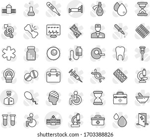Editable thin line isolated vector icon set - doctor bag vector, hospital bed, school building, ambulance star, disabled, thermometer, flask, vial, gender sign, dna, insemination, syringe, dropper